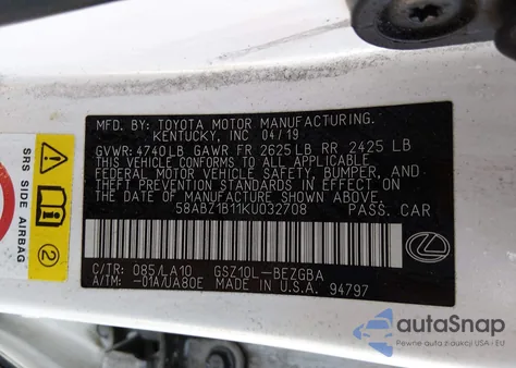 2019 Lexus Es 350 z USA, uszkodzony, nr VIN 58ABZ1B11KU032708